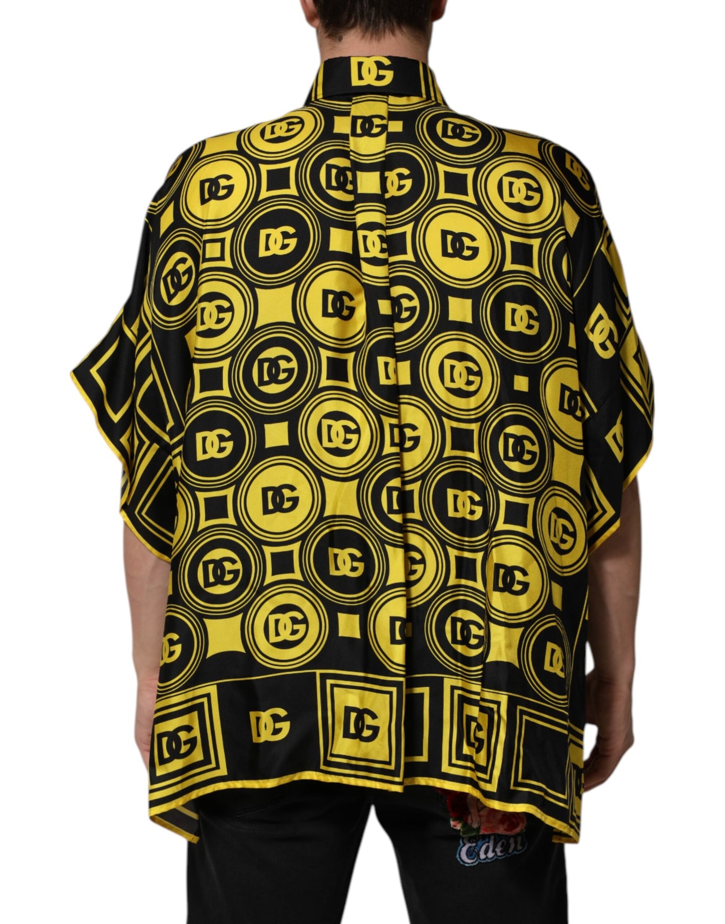 Dolce & Gabbana Yellow Silk Silver DG Logo Geometric T-shirt