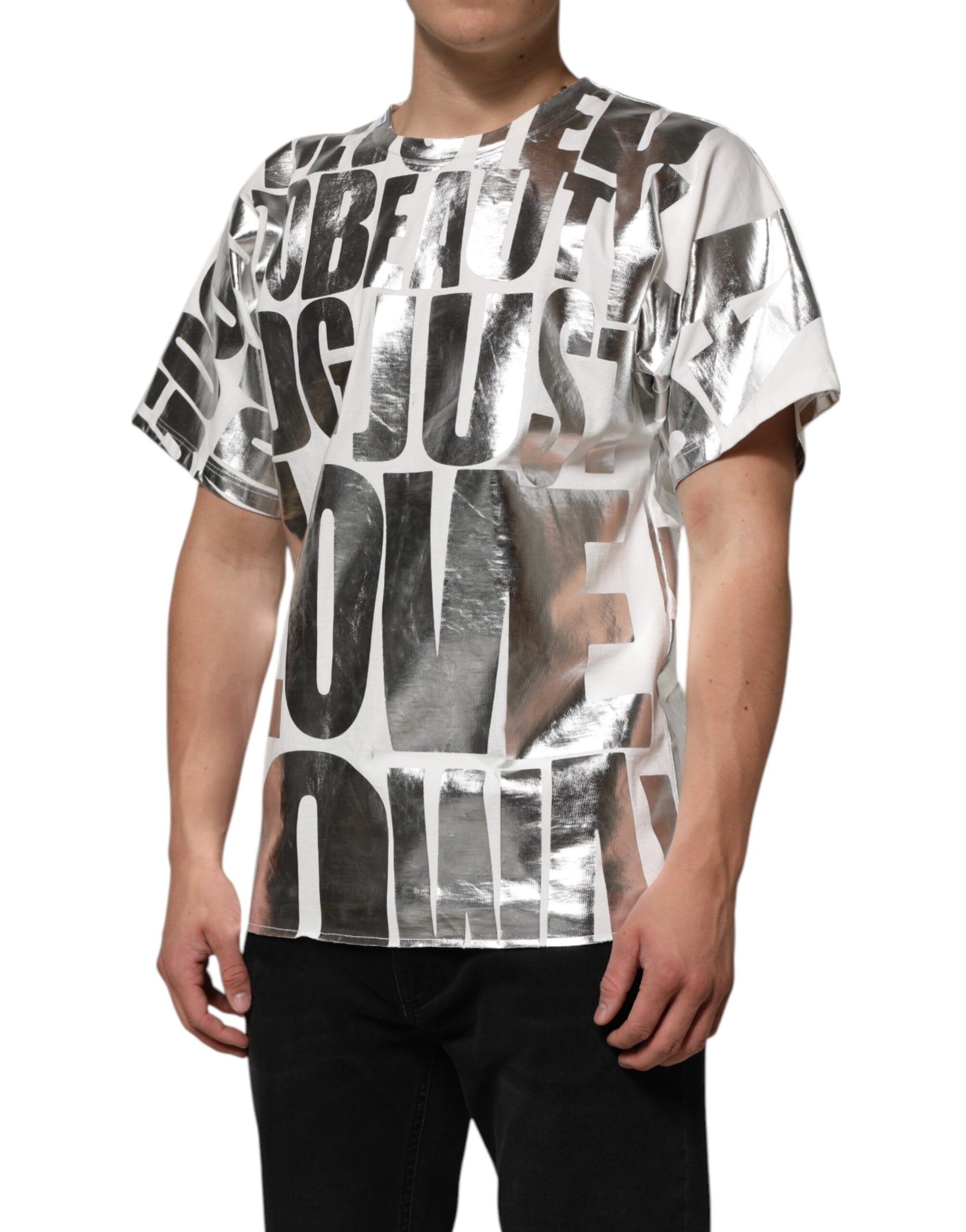 Dolce & Gabbana White Metallic Print Cotton CrewNeck T-shirt