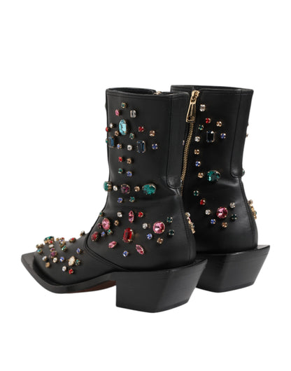 Dolce & Gabbana Black Crystal Cowboy Leather Men Boots Shoes