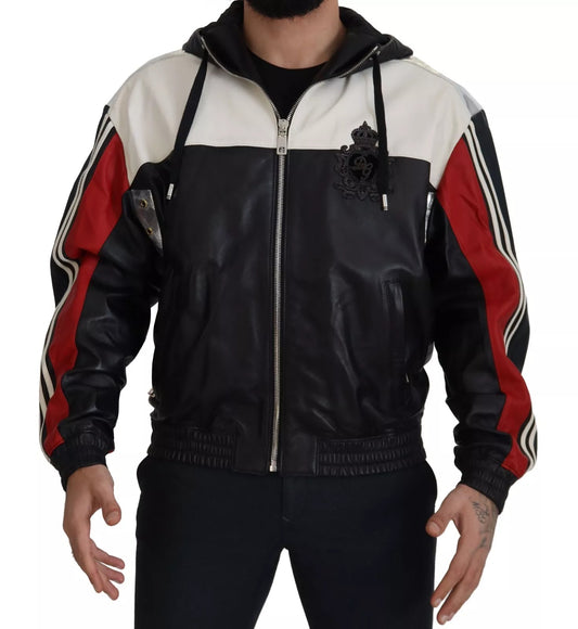 Dolce & Gabbana Black Leather Hooded Blouson Jacket