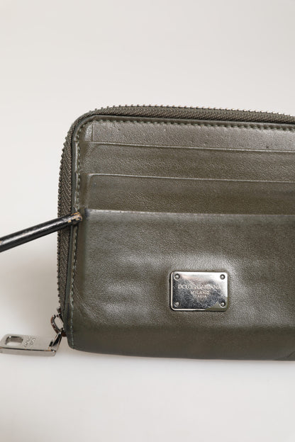 Dolce & Gabbana Military Green Leather Logo Plaque Card Holder Coin Purse Wallet