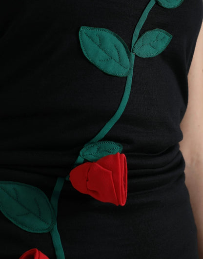Dolce & Gabbana Black Wool Sleeveless Rose Applique Dress