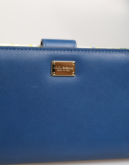 Dolce & Gabbana Blue Leather Continental Tile Print Zip Card Holder Purse Wallet