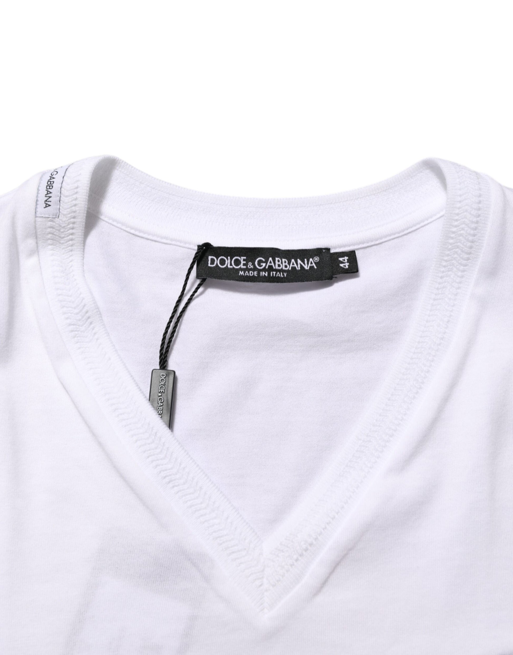 Dolce & Gabbana White Cotton Logo Patch V-neck Tee T-shirt