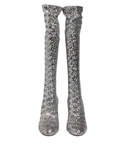 Dolce & Gabbana Silver Sequins Glitter High Heel Boot Shoes