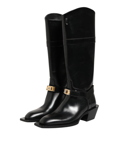 Dolce & Gabbana Black Logo Plaque Over The Calf Boots Shoes