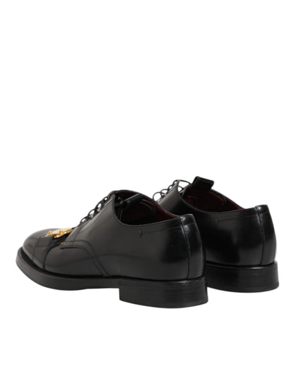 Dolce & Gabbana Black Leather Dress Lace Up Logo Plaque Shoes