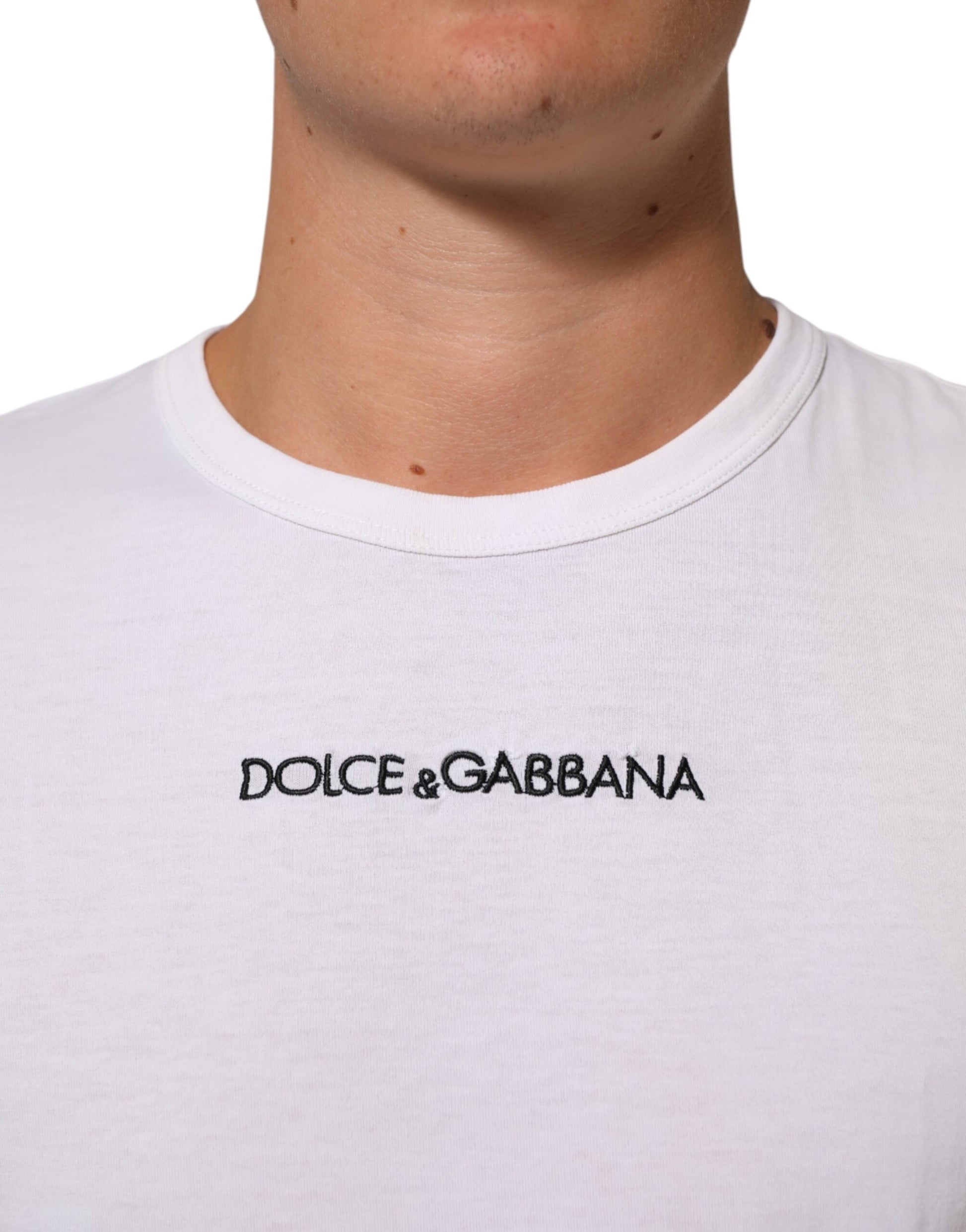 Dolce & Gabbana White Logo Print Cotton Crew Neck Men T-shirt