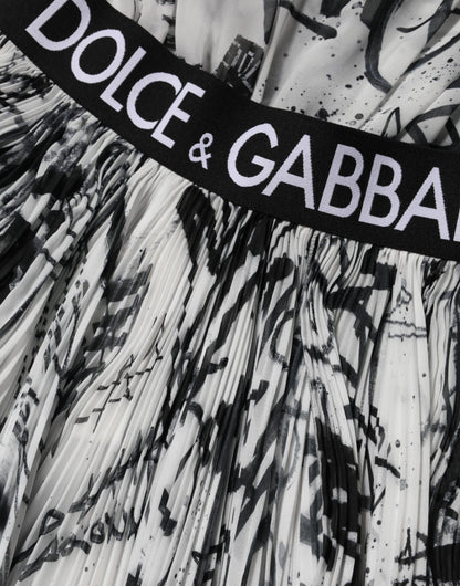 Dolce & Gabbana Black White Monogram Pleated Long Gown Dress