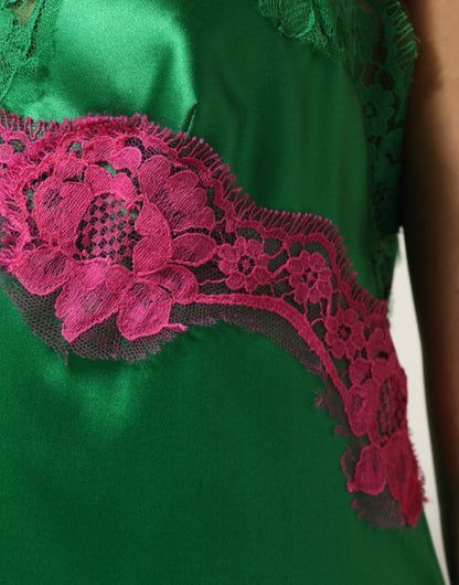 Dolce & Gabbana Green Floral Lace Fringes Lingerie Dress