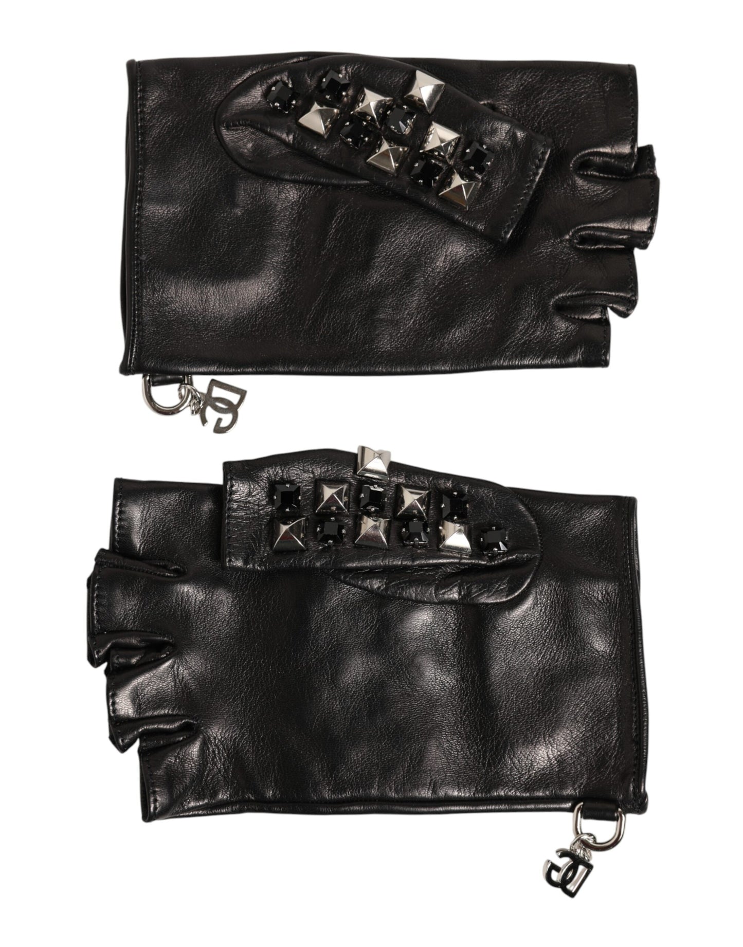 Dolce & Gabbana Black Leather Studded Fingerless Hand Mitten Men Gloves