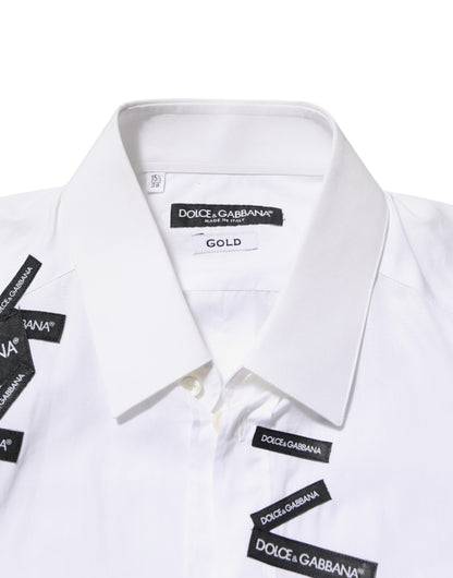 Dolce & Gabbana White Logo Cotton Collared GOLD Dress Shirt
