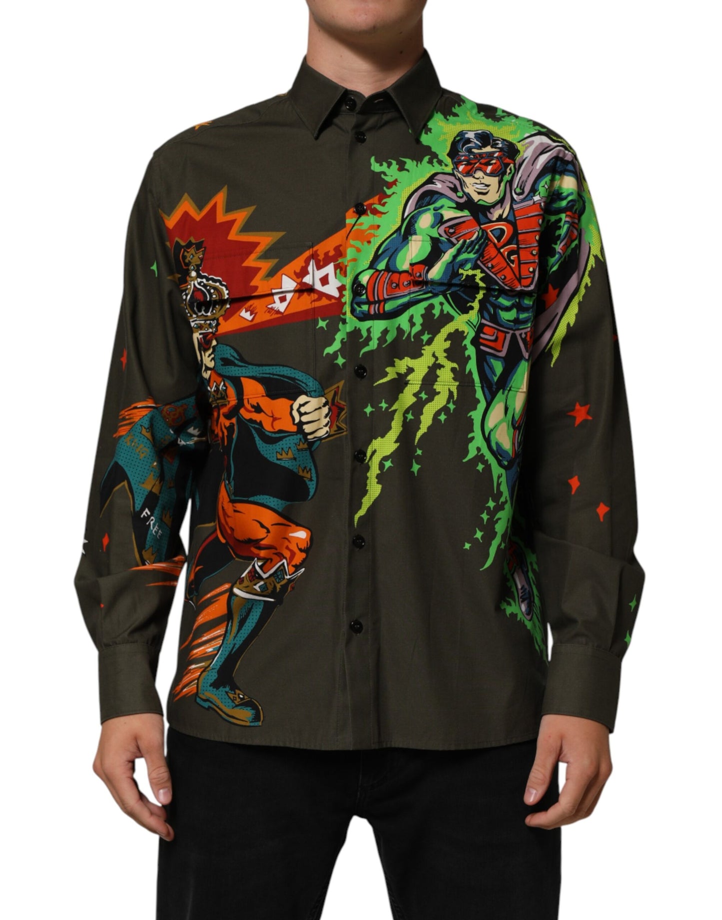 Dolce & Gabbana Green Superhero Print Button Down Shirt