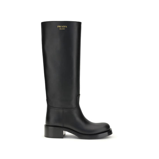 Prada Black Calf Leather Bos Taurus High Heel Boots
