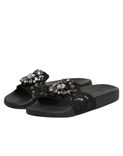 Dolce & Gabbana Black Devotion Matelassé Leather Slides Shoes