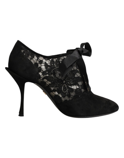 Dolce & Gabbana Black Floral High Heels LACE-UPS Pumps Shoes