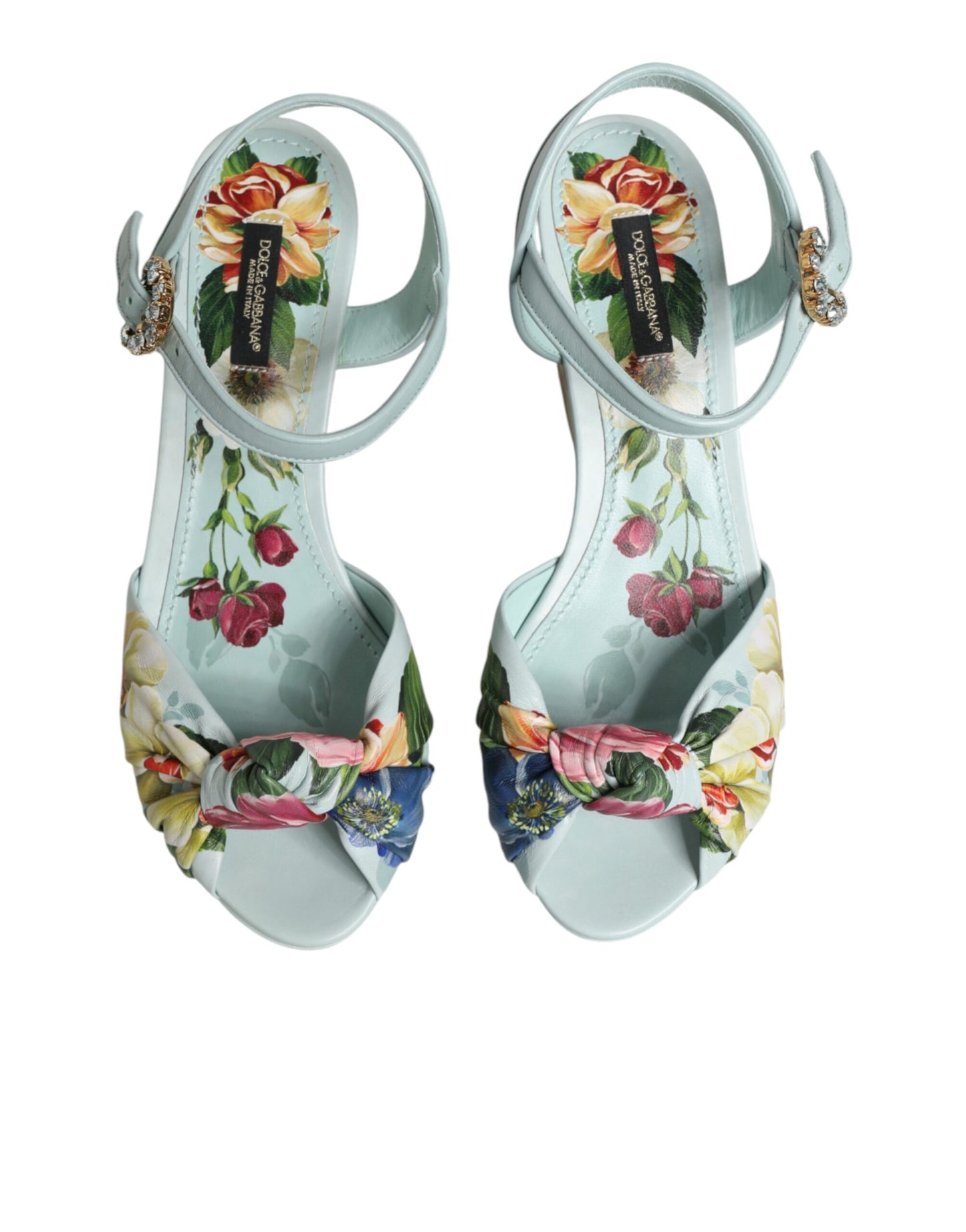 Dolce & Gabbana Green Floral Ankle Strap Wedge Sandals Shoes