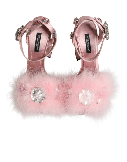 Dolce & Gabbana Pink Crystal Fur Embellished Sandals Shoes