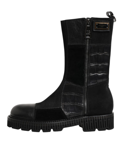 Dolce & Gabbana Black Patchwork Leather Mid Calf Boot  Shoes