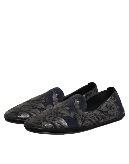 Dolce & Gabbana Black Jacquard Leather Slip On Loafers Shoes