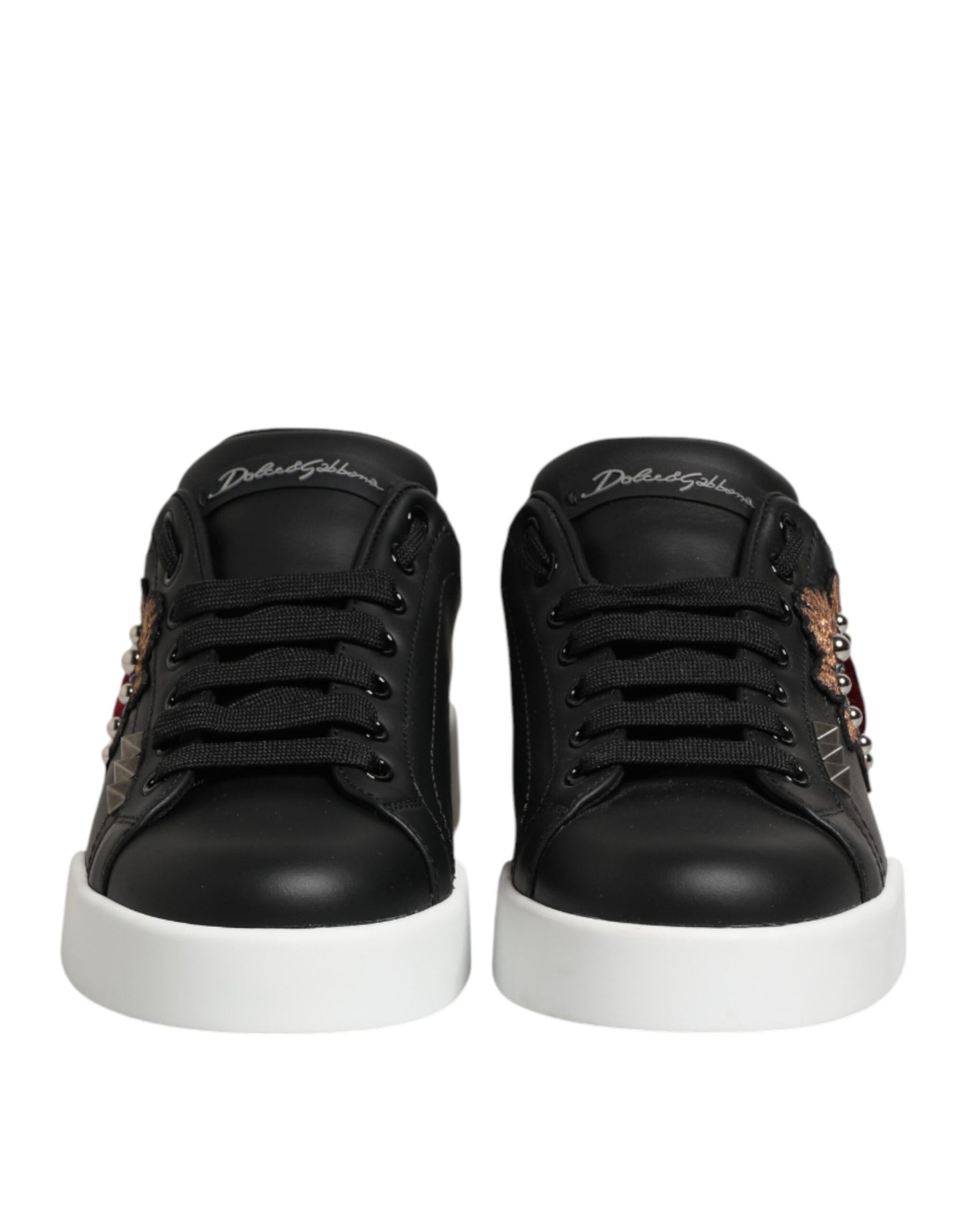 Dolce & Gabbana Black Leather Heart Embellished Sneakers Shoes