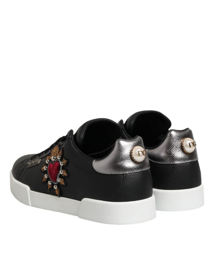 Dolce & Gabbana Black Leather Heart Embellished Sneakers Shoes
