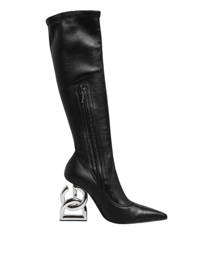 Dolce & Gabbana Black Leather DG Logo Knee High Boots Shoes