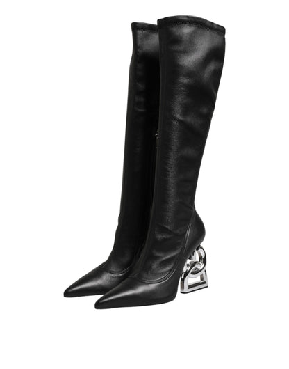 Dolce & Gabbana Black Leather DG Logo Knee High Boots Shoes