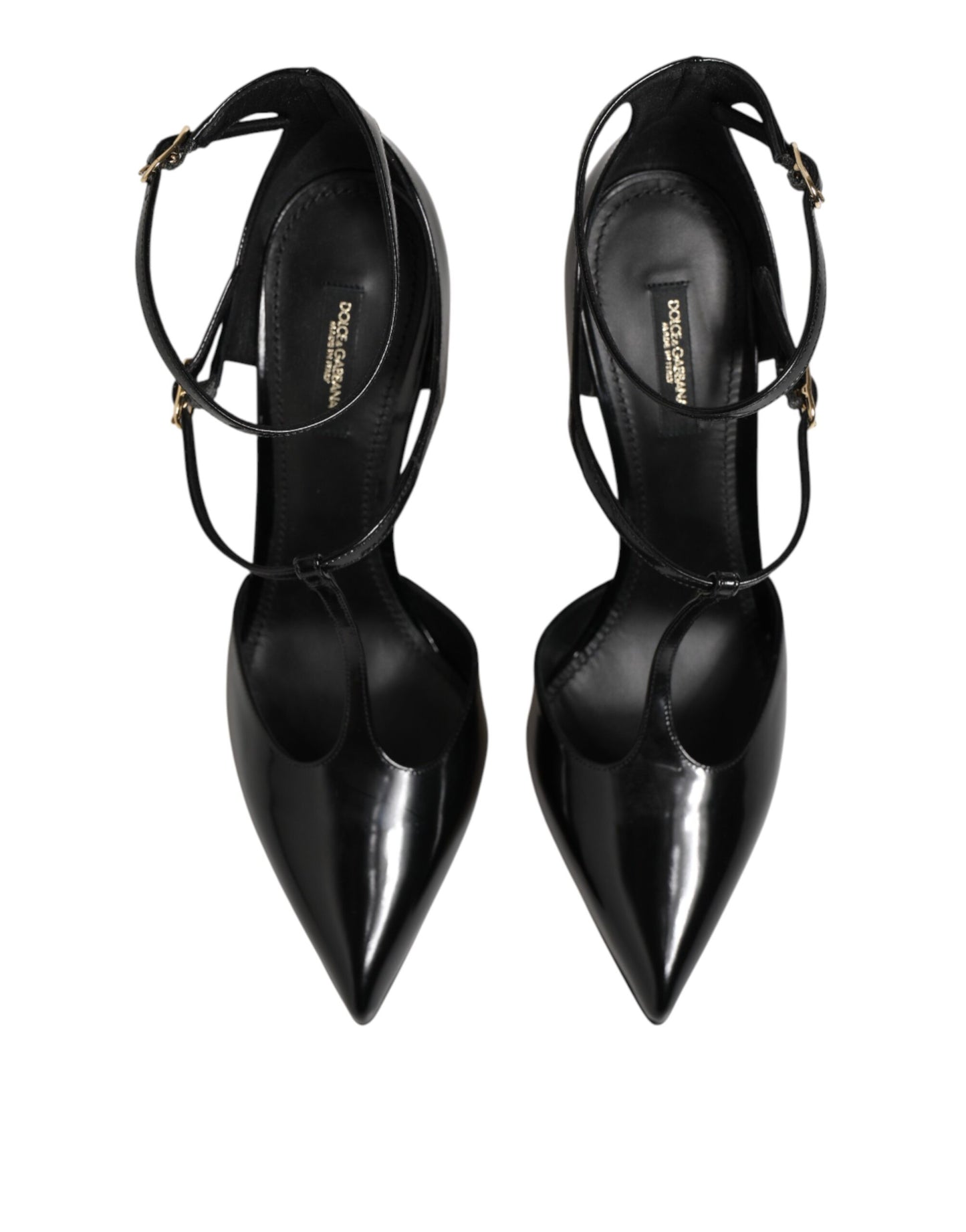 Dolce & Gabbana Black Leather T-STRAPS Heels Sandals Shoes