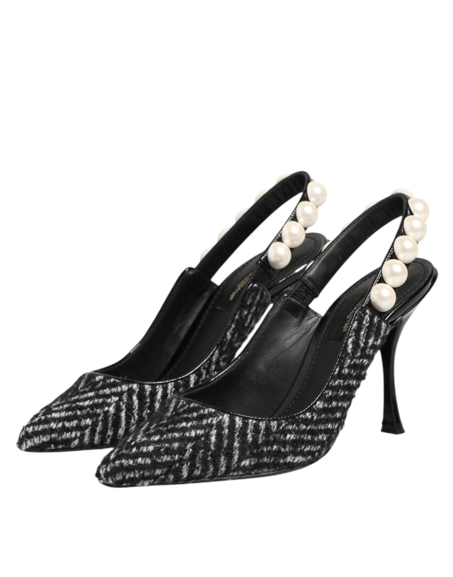Dolce & Gabbana White Black Chevron Faux Pearl Slingbacks Shoes