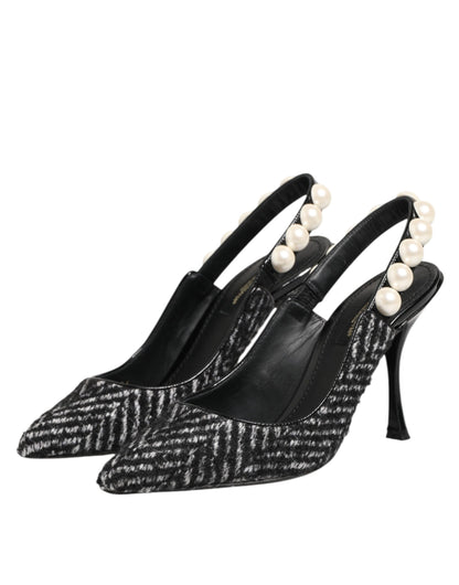 Dolce & Gabbana White Black Chevron Faux Pearl Slingbacks Shoes