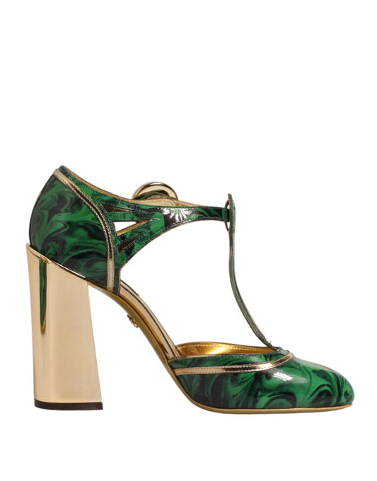 Dolce & Gabbana Green Leather T-STRAPS Heels Sandals Shoes