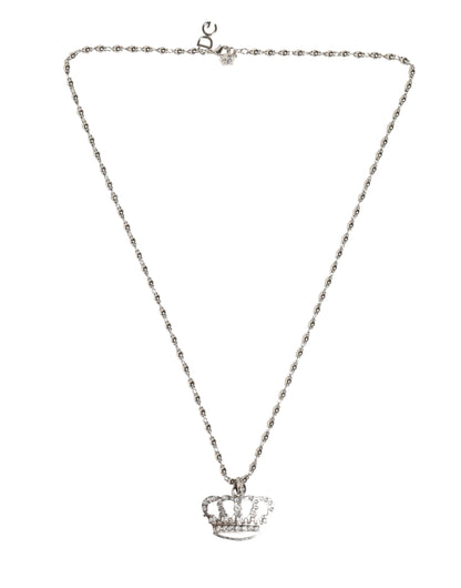 Dolce & Gabbana Silver Tone Brass Chain Crown Crystal Pendant  Necklace