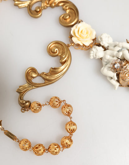 Dolce & Gabbana Gold Ceramic Crystal Cherub Baroque Pendant Necklace