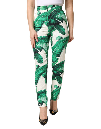 Dolce & Gabbana White Green Leaf High Waist Trousers Pants