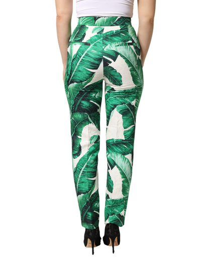 Dolce & Gabbana White Green Leaf High Waist Trousers Pants