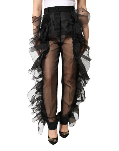 Dolce & Gabbana Black High Waist Tulle Wool Trouser Pants