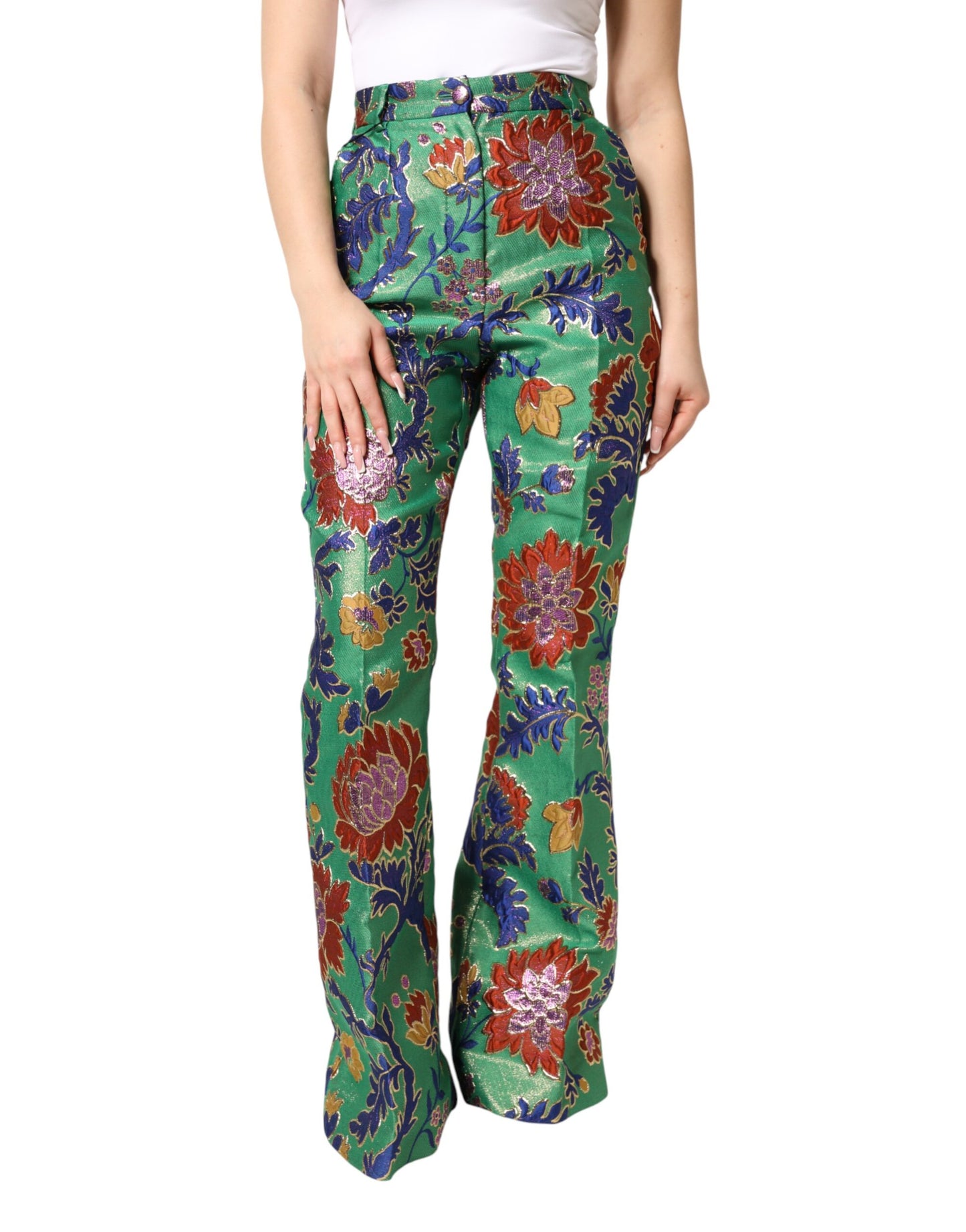 Dolce & Gabbana Green Floral Polyester BootCut Trouser Pants