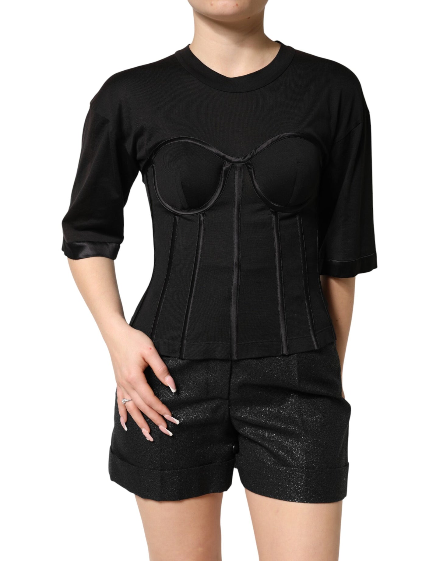 Dolce & Gabbana Black Cotton Bustier Corset Short Sleeves T-shirt