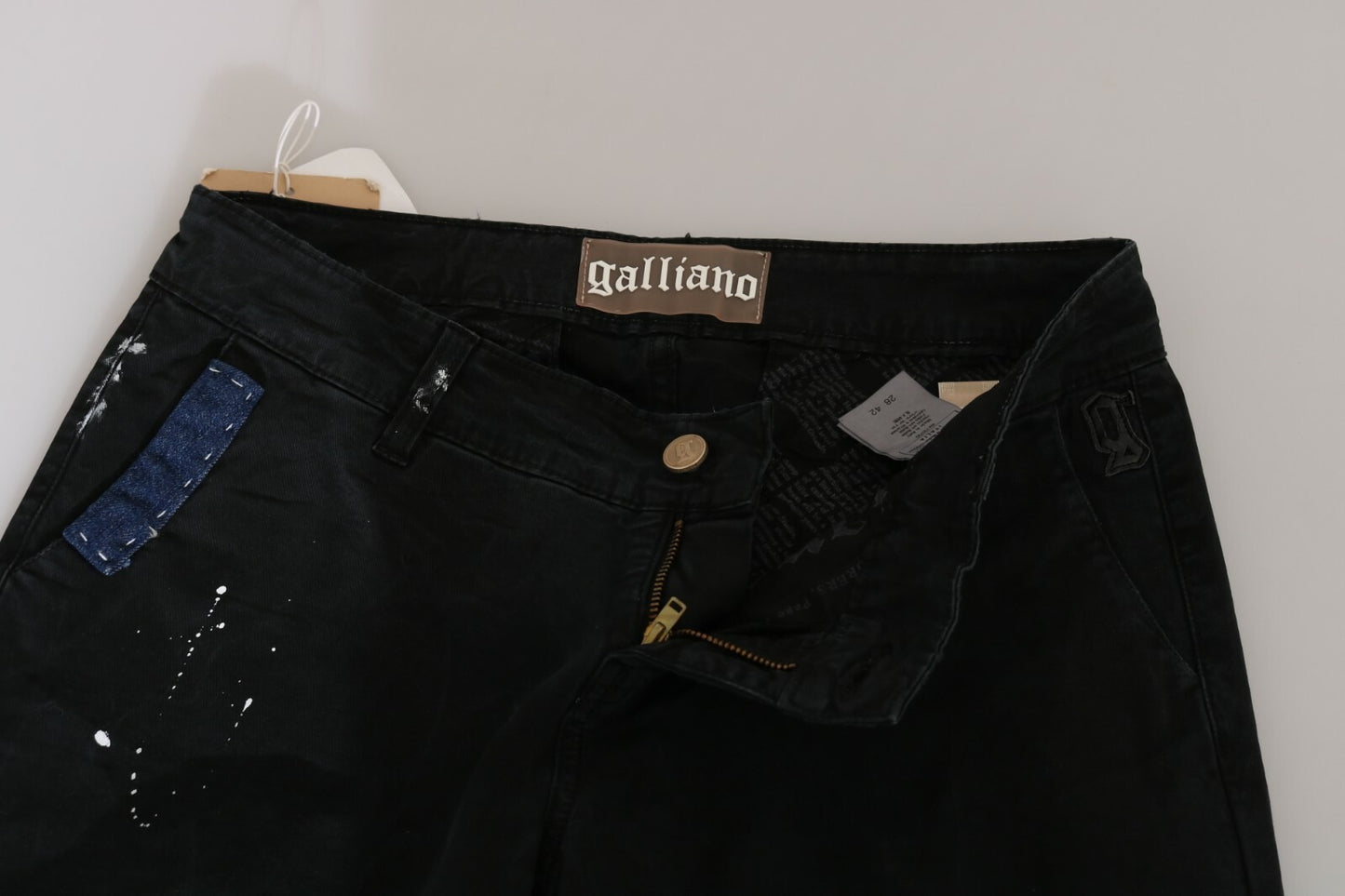 John Galliano Black Low Waist White Paint Skinny Denim Pants Jeans