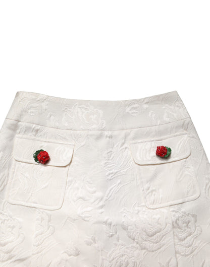 Dolce & Gabbana White Floral Brocade High Waist Mini Skirt