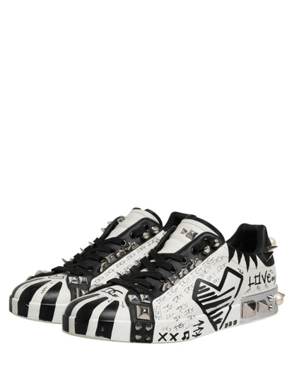 Dolce & Gabbana Black White Studded Low Top Sneakers Shoes