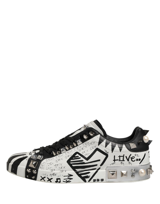 Dolce & Gabbana Black White Studded Low Top Sneakers Shoes