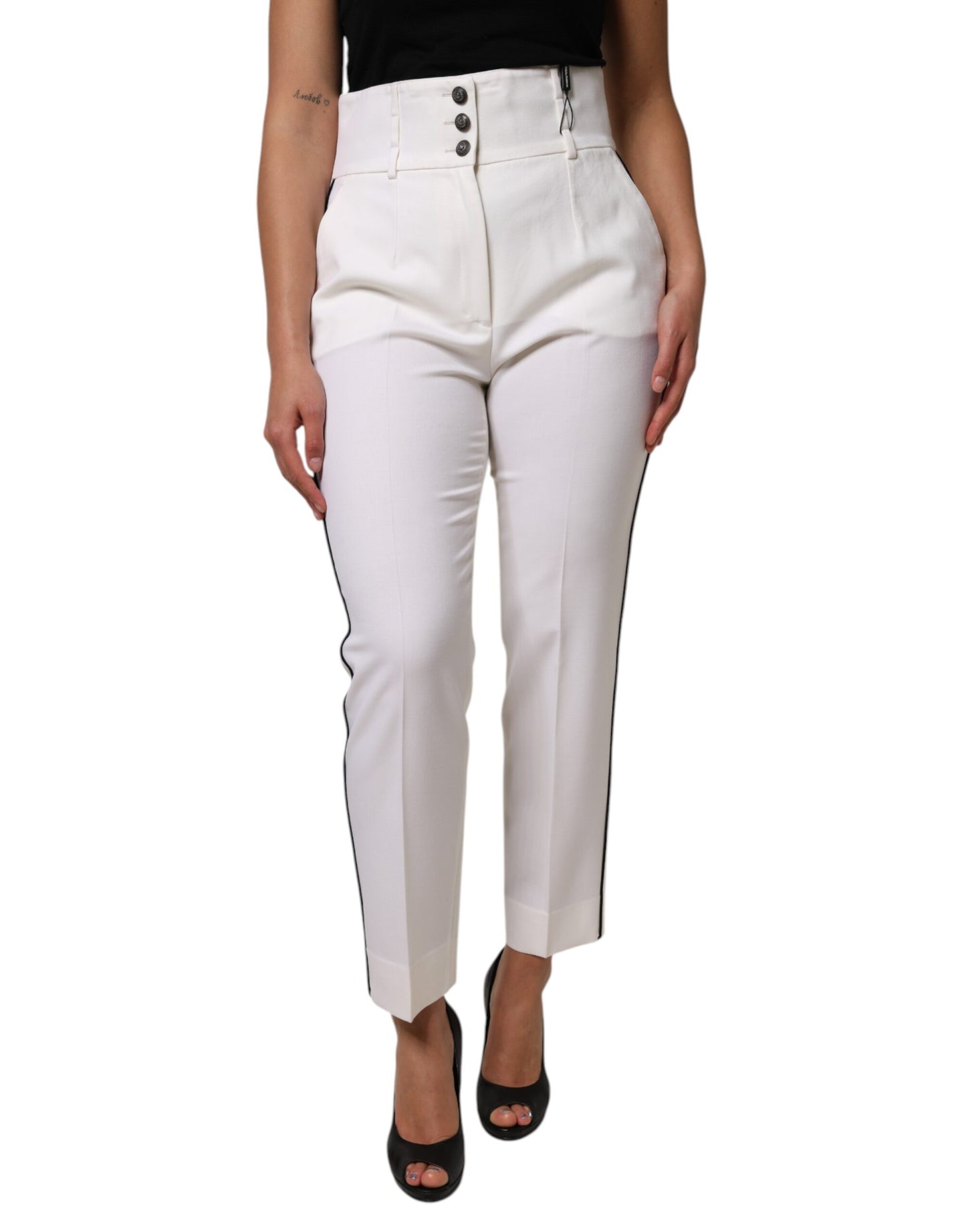 Dolce & Gabbana White Wool High Waist Tapered Trouser Pants