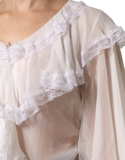 Dolce & Gabbana White Ruffles Lace Long Sleeve Blouse Top