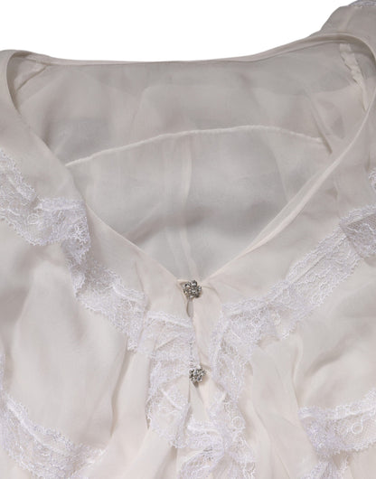 Dolce & Gabbana White Ruffles Lace Long Sleeve Blouse Top