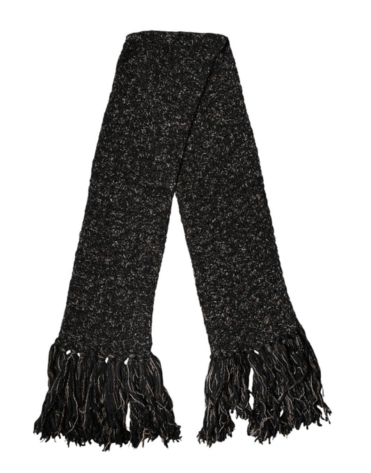 Dolce & Gabbana Black Wool Fringes Neck Wrap Foulard Scarf