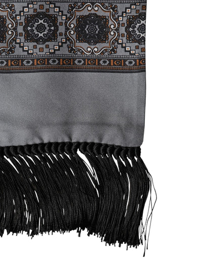 Dolce & Gabbana Gray Patterned Fringes Neck Foulard Scarf