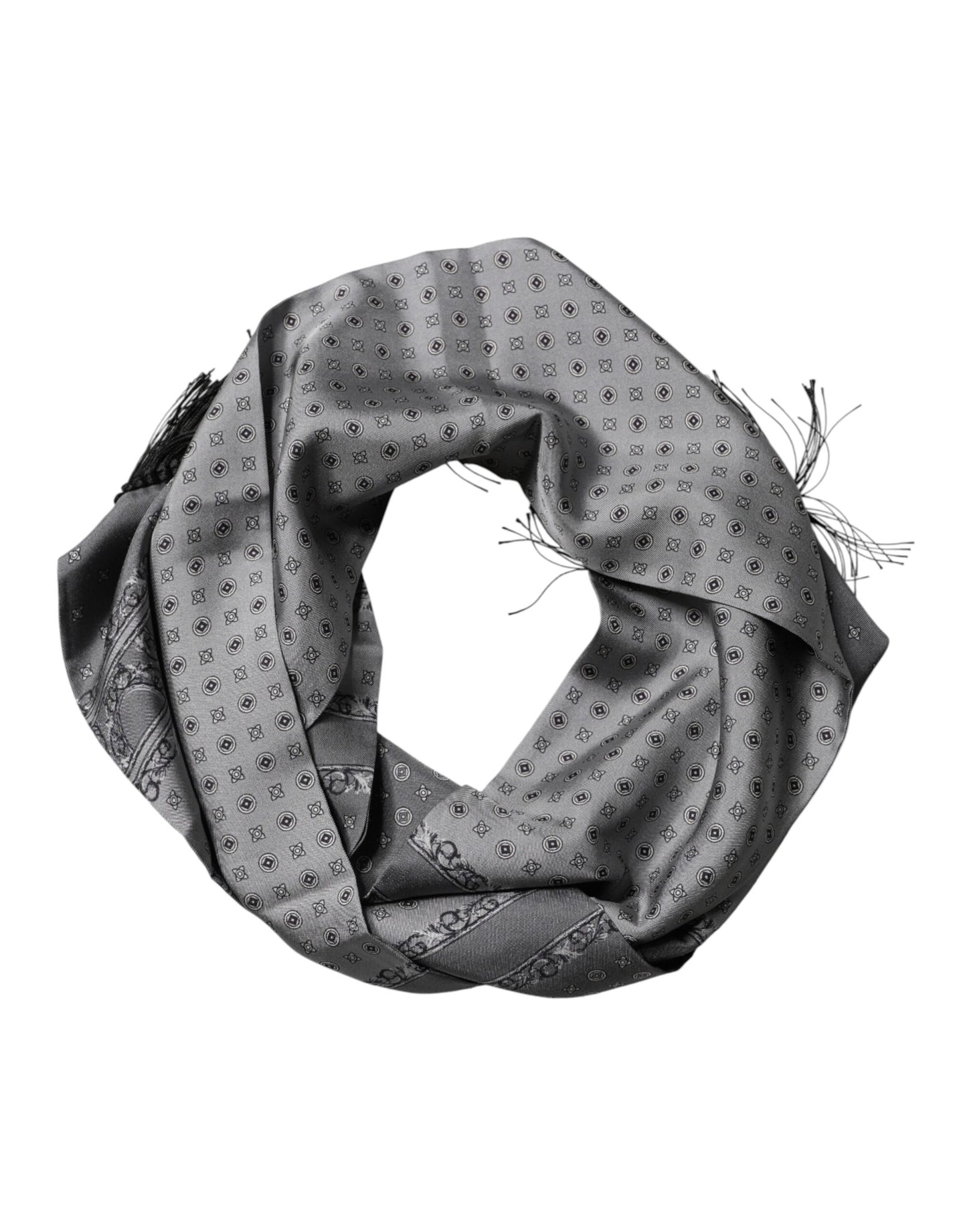 Dolce & Gabbana Gray Patterned Fringes Neck Foulard Scarf