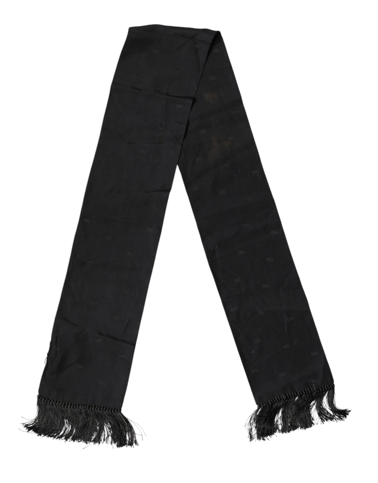 Dolce & Gabbana Black Logo Silk Fringes Neck Foulard Scarf